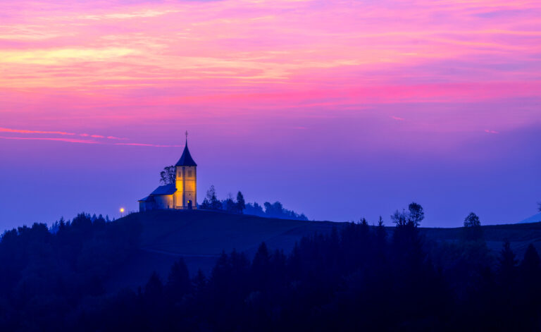 Sunrise at Jamnik Church in Slovenia