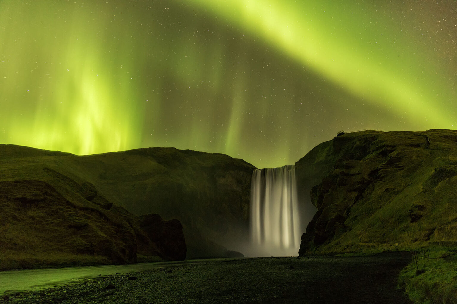 Aurora Borealis, Skogafoss Waterfall, Iceland